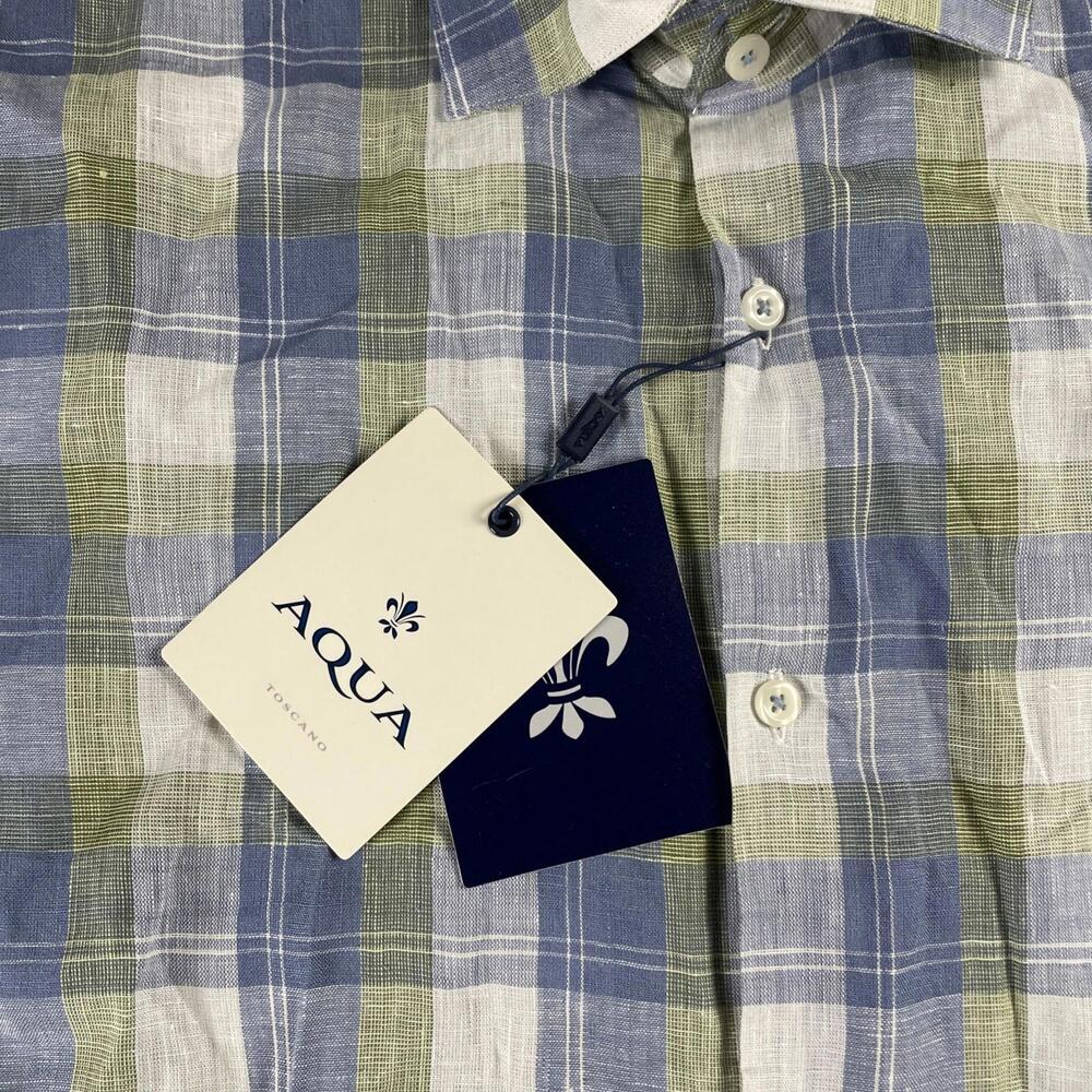 Toscano Aqua Men's Linen Gingham Plaid Button Up Shirt Blue Green Men's 2XL - Picture 3 of 10